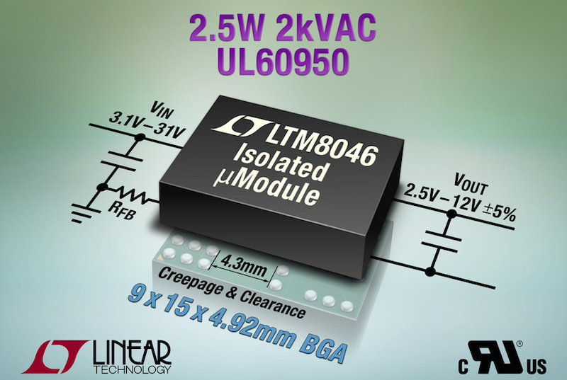 Linear's 2kVAC 9 x 15 x 4.92-mm BGA-packaged 2.5W isolated µModule converter is UL60950 recognized